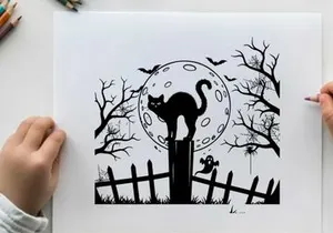 Silhouette of a cat on a fence post under full moon