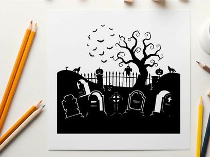 Silhouette of a spooky graveyard with tree and bats