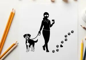 Silhouette of woman walking dog with paw prints and heart