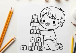 Child learning numbers alphabet blocks vector illustration