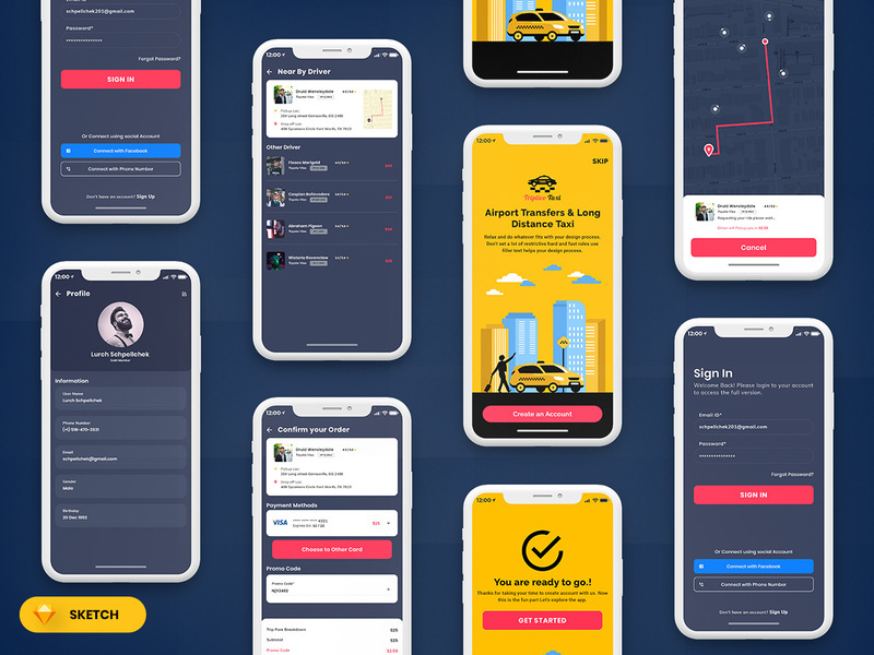 Taxi Booking Mobile App UI Kit Dark Version (SKETCH)