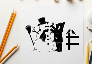 Silhouette of child and snowman with broom and fence