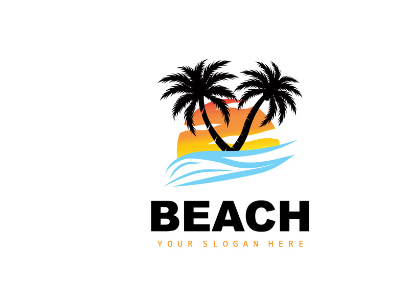 Coconut Tree Logo With Beach Atmosphere, Beach Plant Vector, Sunset View Design