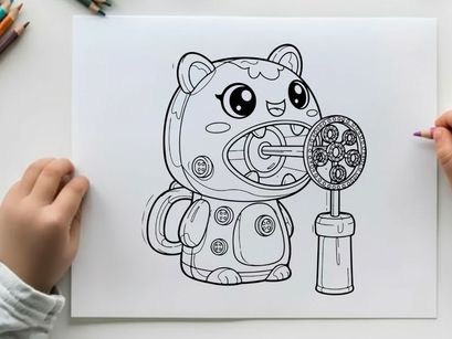 Cute robot mascot holding clock vector illustration