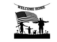 Welcome home patriotic family silhouette with american flag