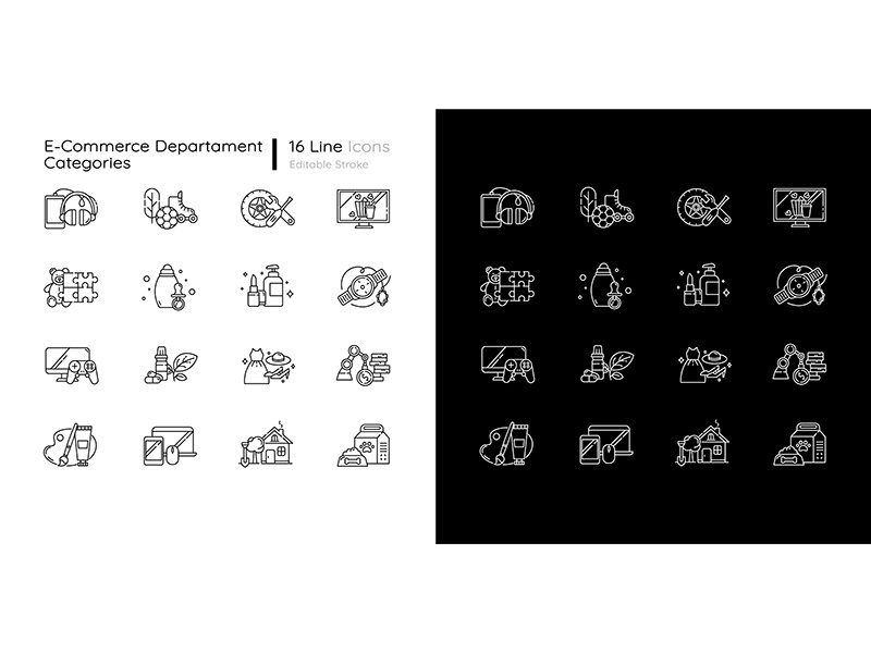 E commerce departments linear icons set for dark and light mode