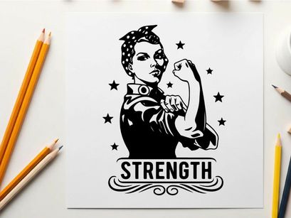 Rosie the riveter silhouette with stars and strength text