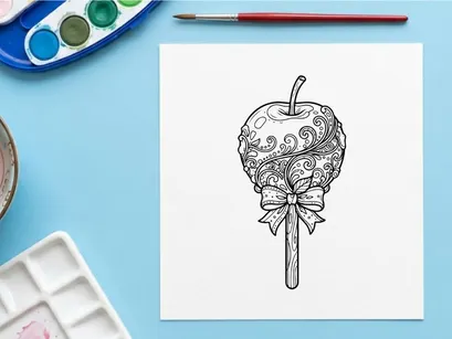 Candy apple line art illustration. Decorative caramel apple with bow for coloring book.