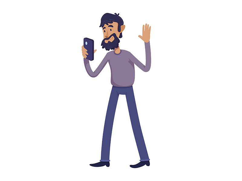 Bearded adult man taking selfie flat cartoon vector illustration