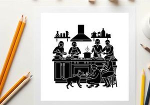 Silhouette of family cooking together in kitchen with dog