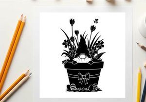 Silhouette of a garden gnome in a flower pot with tulips and bow
