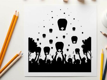 Silhouette of people releasing lanterns into the night sky