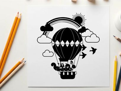Hot air balloon silhouette with rainbow and clouds scene