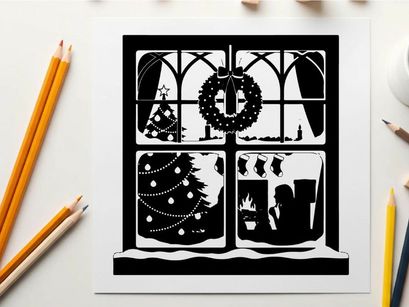 Christmas window silhouette with wreath and decorations