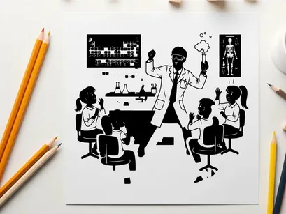 Silhouette of a teacher and students in a science classroom