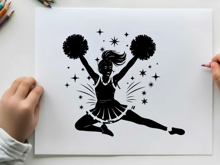 Cheerleader silhouette with pompoms and sparkles