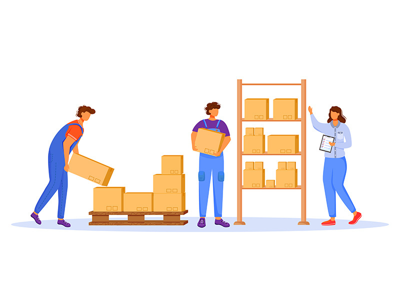 Post office male workers and loaders flat color vector illustration