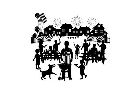 Patriotic backyard bbq silhouette on 4th of july with family and fireworks