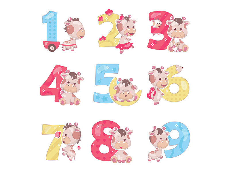 Cute numbers with baby giraffe cartoon illustrations set