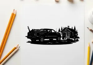 Silhouette of a pickup truck parked beside a cabin