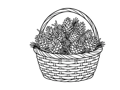 Hand Drawn Illustration of a Wicker Basket Filled with Pine Cones