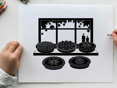 Silhouette of decorative plates on a shelf with a window