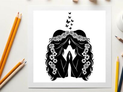 Silhouette of a woman with flowers and butterflies in her hair