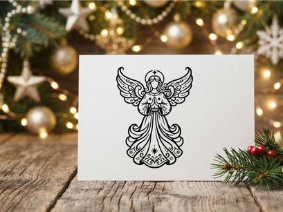Black and white line art illustration of a praying Christmas angel with decorative wings.