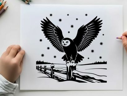 Silhouette of an owl perched on a fence under starry night sky