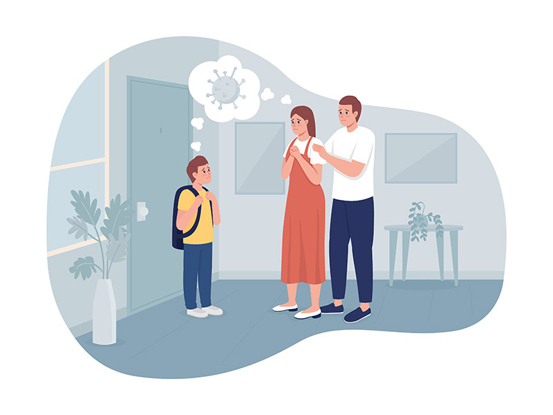 Anxious parents and their son 2D vector isolated illustration