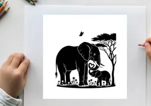 Elephant silhouette with baby and tree landscape