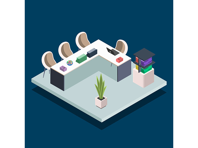 Modern book library room isometric color vector illustration