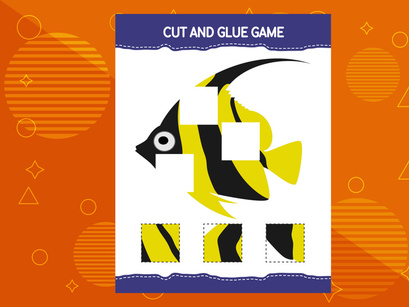 10 Pages Cut and glue game for kids with fish. Cutting practice for preschoolers. Education worksheet.