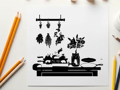 Silhouette of kitchen counter with food and herbs