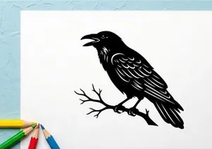 Black Crow Illustration on Branch for Nature and Wildlife Design