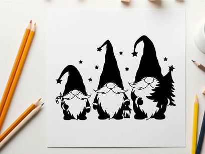 Three gnomes in silhouette with stars and christmas tree
