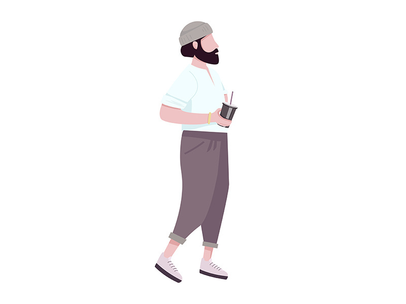 Hipster guy with coffee to go flat color vector faceless character