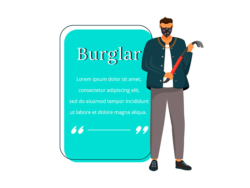 Burglar with crowbar flat color vector character quote
