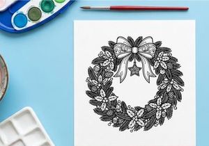 Ilustrasi seni garis karangan bunga Natal dengan pita meriah dan hiasan bintang