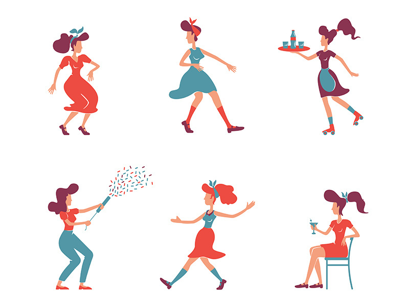 Old fashioned women flat color vector faceless characters set