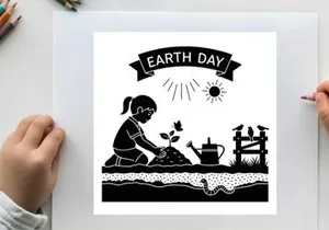 Earth day silhouette of a girl planting a tree