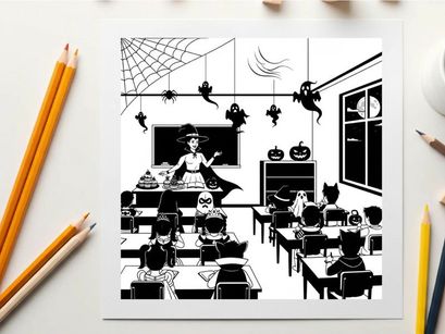 Halloween classroom scene with witch and silhouette of students