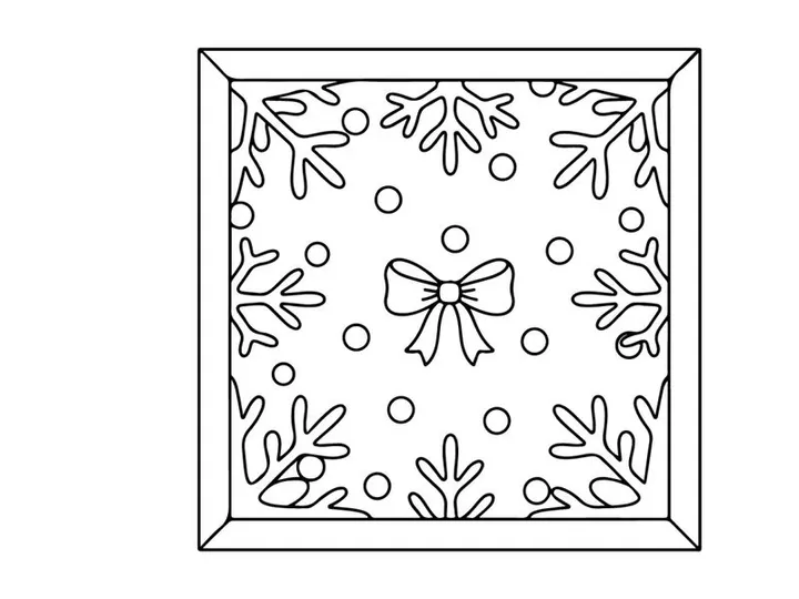 Christmas coloring page with snowflakes and a bow in a square frame