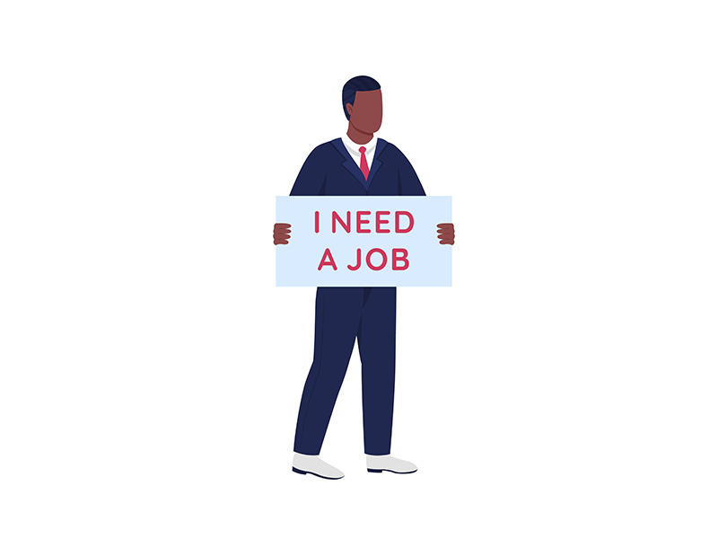 Jobless african american man with cardboard sign flat color vector faceless character
