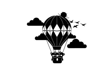Hot air balloon silhouette flying through sunny sky with clouds