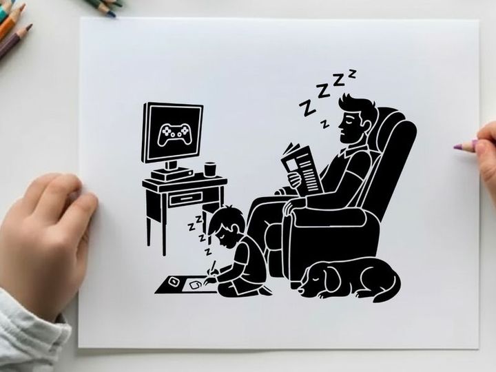 Silhouette of a man sleeping while child plays with dog