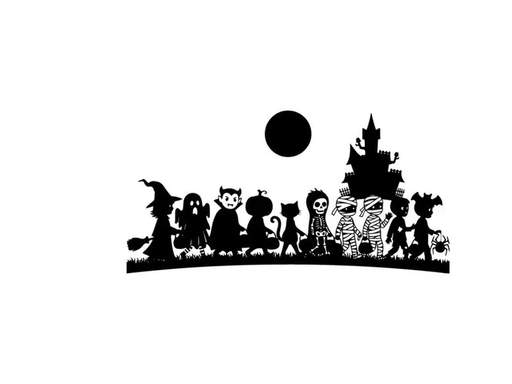Halloween silhouette scene with spooky characters and haunted house