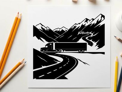 Truck driving through mountains silhouette on a winding road