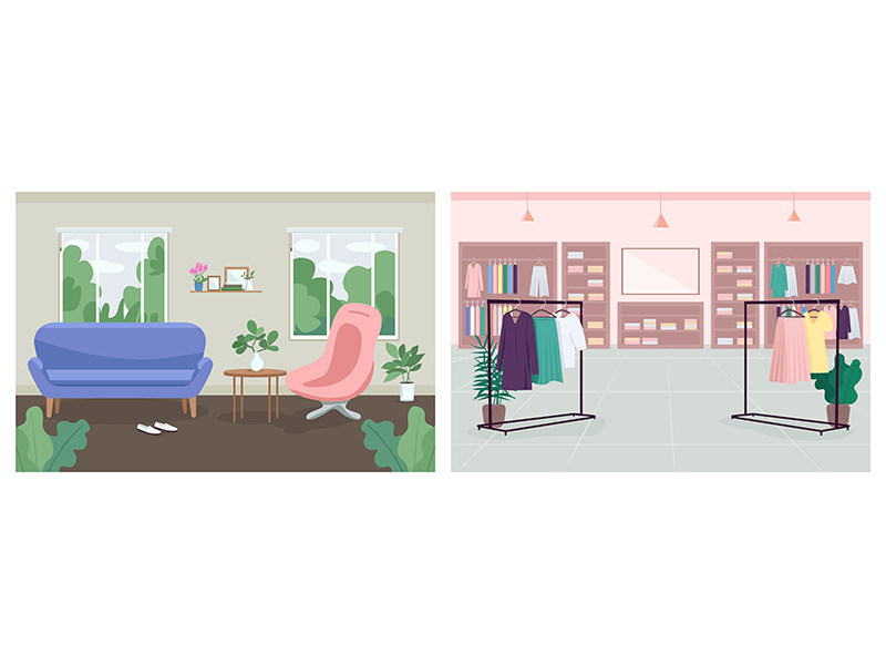 Interior decoration flat color vector illustration set