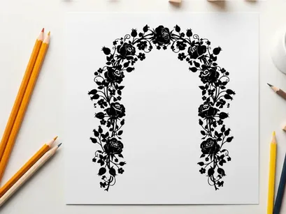 Silhouette of a floral archway with roses and leaves